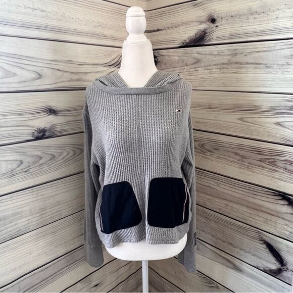 Tommy Jeans Grey & Navy Waffle Knit Cotton Hoodie - Picture 1 of 9